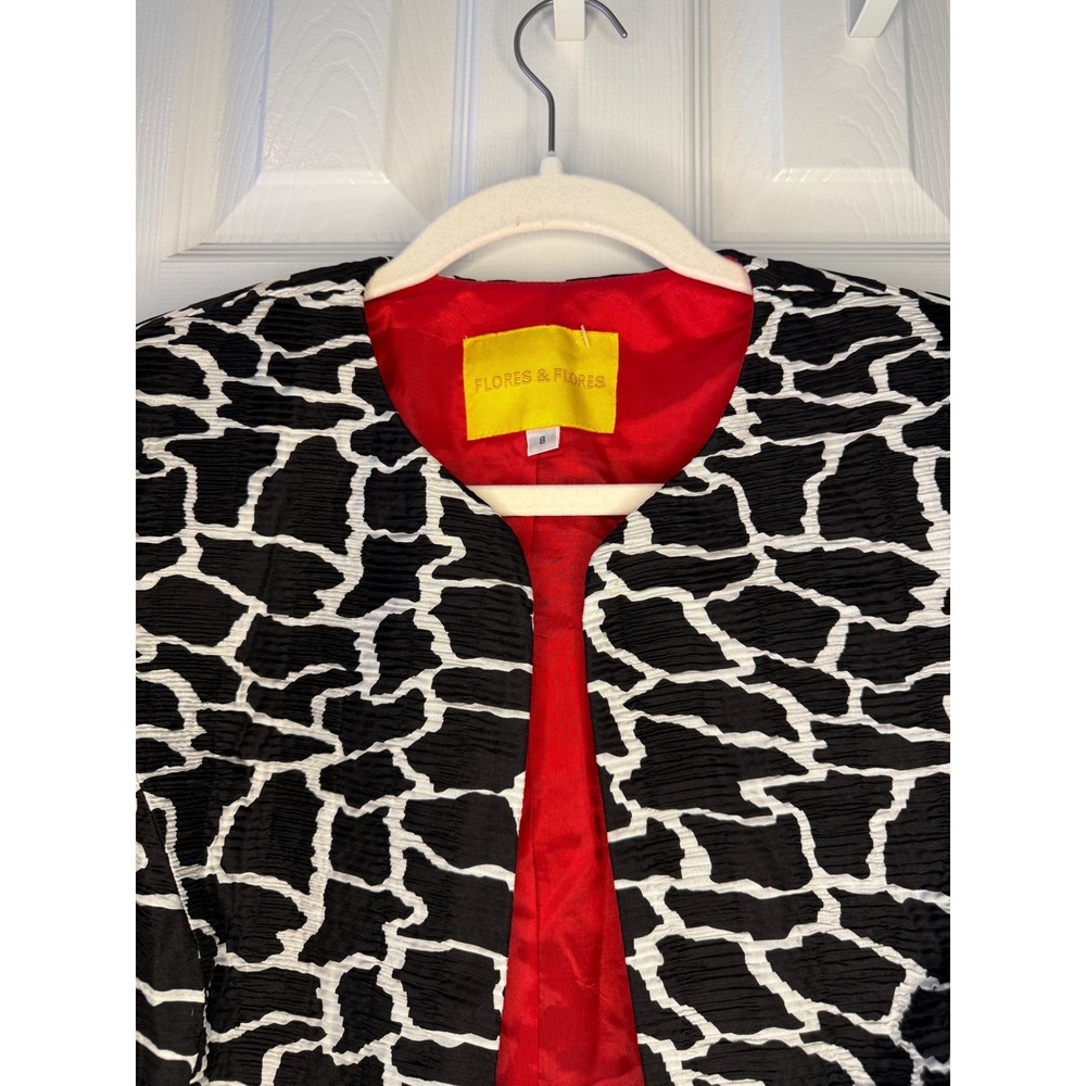 Flores & Flores Silk Blazer Jacket Black White‎ Giraffe Print Red Lined 8 - Picture 3 of 7